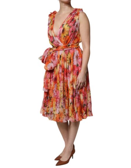 Multicolor Floral Silk V-neck Chiffon Dress - Image 3