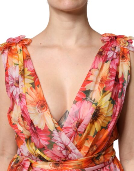 Multicolor Floral Silk V-neck Chiffon Dress - Image 6
