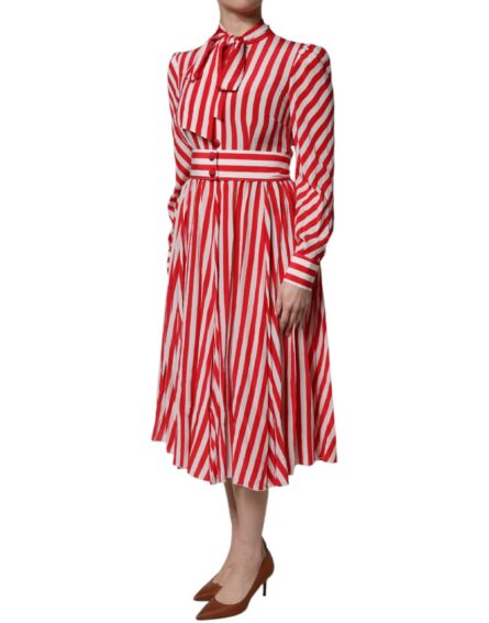 White Red Stripes Long Sleeves Midi Dress - Image 3