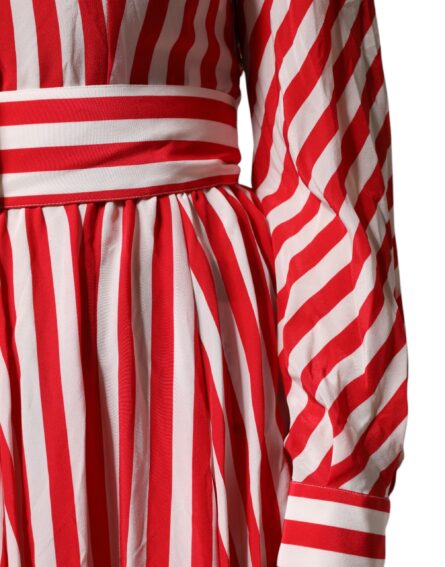 White Red Stripes Long Sleeves Midi Dress - Image 7