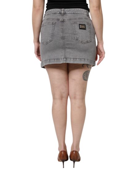 Gray Cotton Stretch Mid Waist Denim Mini Skirt - Image 4