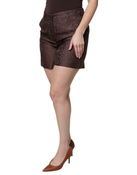 Brown Floral Brocade Mid Waist Mini Short - Image 3