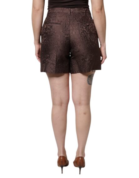Brown Floral Brocade Mid Waist Mini Short - Image 4