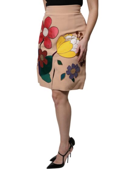 Beige Floral High Waist Pencil Cut Skirt - Image 3