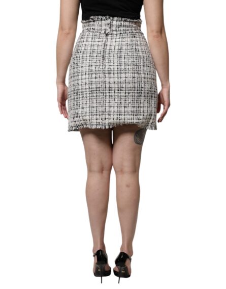 White Black High Waist Tartan Tweed Mini Skirt - Image 4