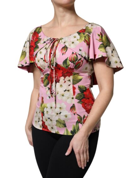 Pink Floral Silk Short Sleeves Blouse Top - Image 3