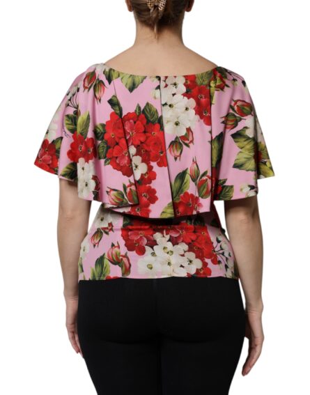 Pink Floral Silk Short Sleeves Blouse Top - Image 4