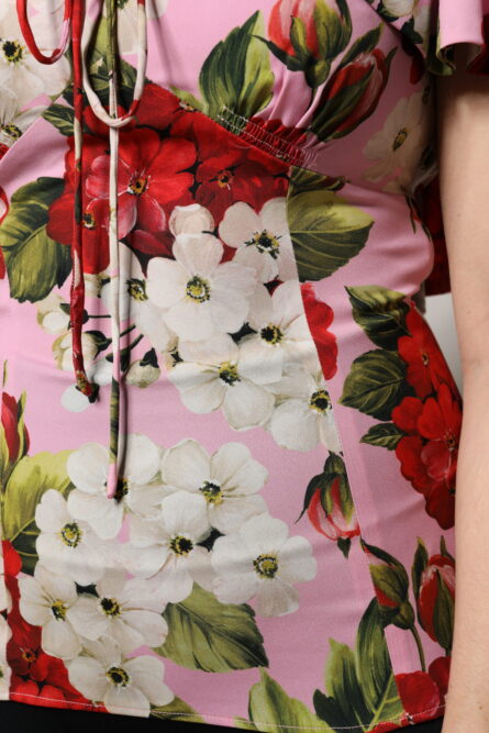 Pink Floral Silk Short Sleeves Blouse Top - Image 6