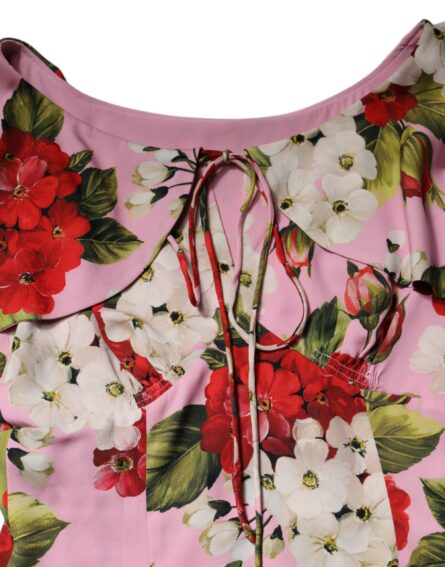 Pink Floral Silk Short Sleeves Blouse Top - Image 7