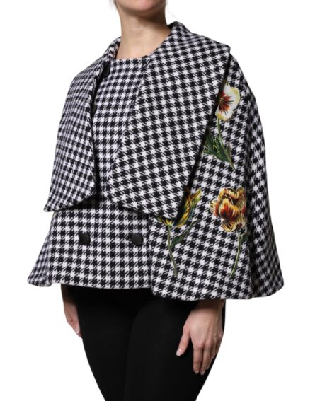 Black White Monochrome Patterned Floral Cape Jacket - Image 3