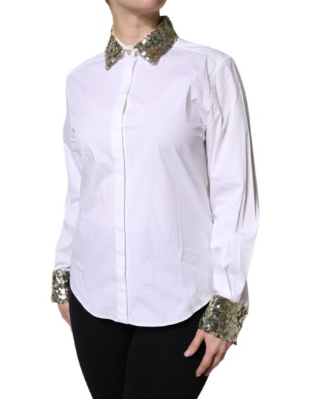 White Cotton Long Sleeves Sequin Shirt Top - Image 3