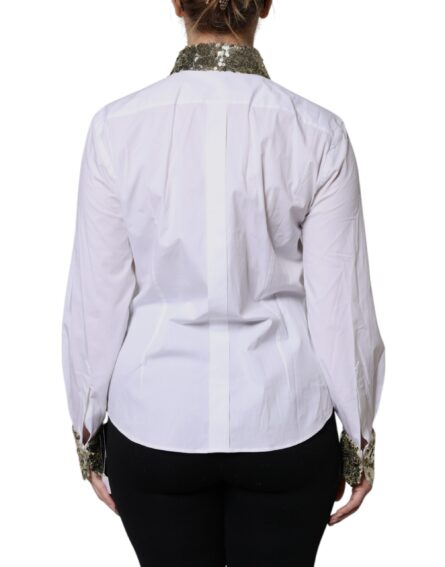 White Cotton Long Sleeves Sequin Shirt Top - Image 4