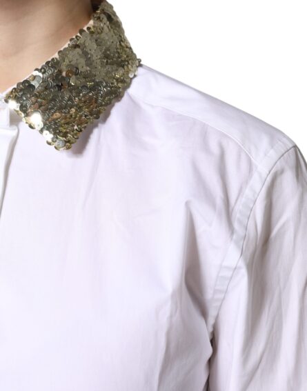 White Cotton Long Sleeves Sequin Shirt Top - Image 8