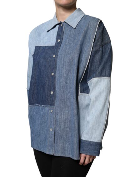 Blue Cotton Button Up Collared Long Sleeve Top - Image 3
