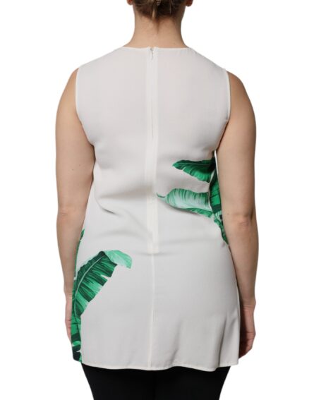 White Banana Leaf Print Round Neck Tank Top - Image 4