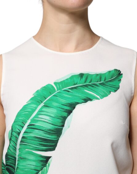 White Banana Leaf Print Round Neck Tank Top - Image 5