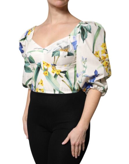 White Floral Puff Sleeves Crop Blouse Top - Image 3