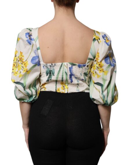 White Floral Puff Sleeves Crop Blouse Top - Image 4