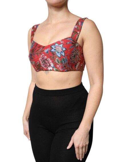 Red Floral Brocade Cropped Bustier Corset Top - Image 3