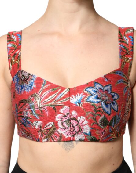 Red Floral Brocade Cropped Bustier Corset Top - Image 5