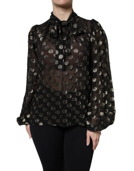 Black Sheer Tied Neck Polka Dots Blouse Top - Image 2