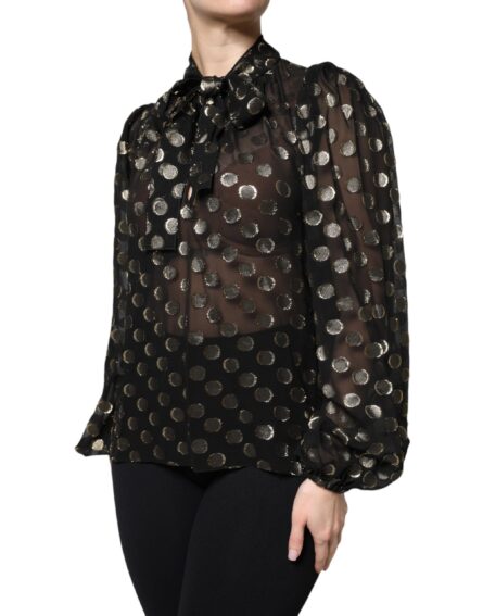 Black Sheer Tied Neck Polka Dots Blouse Top - Image 3