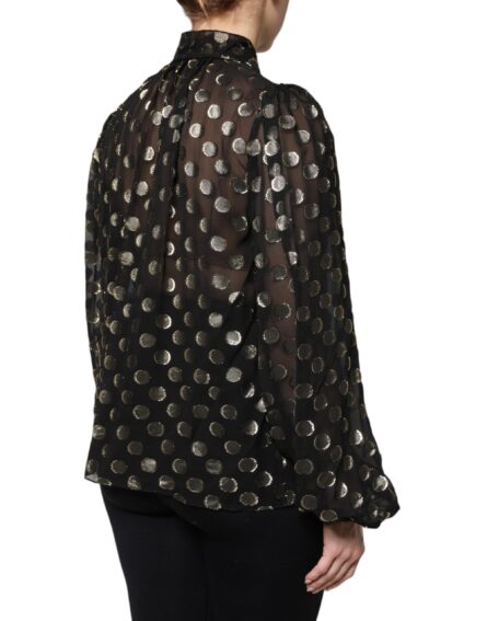 Black Sheer Tied Neck Polka Dots Blouse Top - Image 5