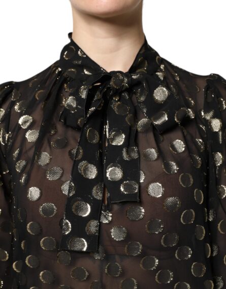 Black Sheer Tied Neck Polka Dots Blouse Top - Image 6