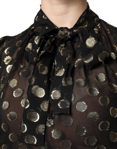 Black Sheer Tied Neck Polka Dots Blouse Top - Image 7