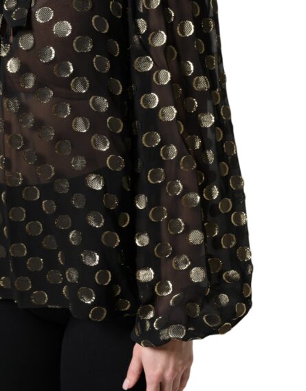 Black Sheer Tied Neck Polka Dots Blouse Top - Image 8