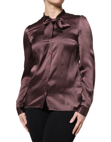 Brown Ascot Collar Long Sleeve Blouse Top - Image 3
