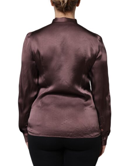 Brown Ascot Collar Long Sleeve Blouse Top - Image 4