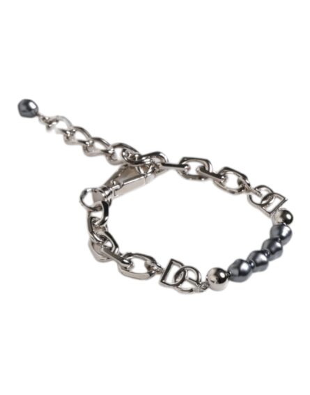 Silver Tone Chain Lobster Clasp Logo Gray Pearls Bracelet - Image 3