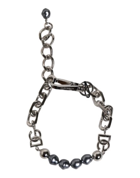 Silver Tone Chain Lobster Clasp Logo Gray Pearls Bracelet - Image 6