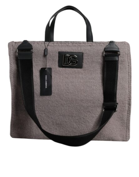 Grey Alpaca Wool Logo Plaque Tote Shoulder Bag - Image 3