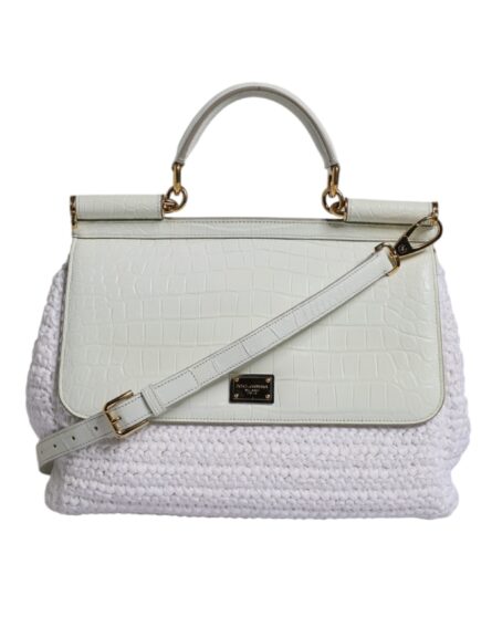 White Rafia Leather Top Handle Crossbody Bag - Image 3