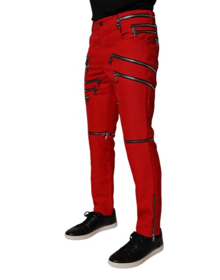 Red Zipper Embellished Straight Pants - Image 3