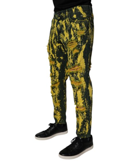 Black Yellow Tie Dye Tattered Skinny Men Denim Jeans - Image 3