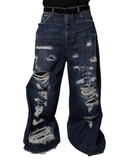 Dark Blue Tattered Wide Leg Men Denim Jeans - Image 7