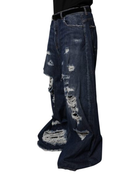 Dark Blue Tattered Wide Leg Men Denim Jeans - Image 8