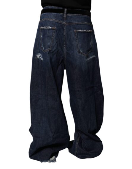 Dark Blue Tattered Wide Leg Men Denim Jeans - Image 4