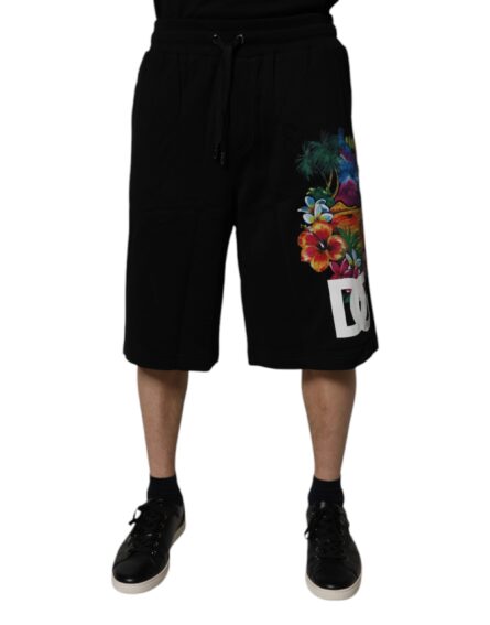 Black Cotton Logo Floral Print Bermuda Shorts - Image 7