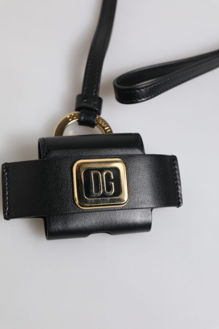 Black Leather Strap Gold Metal Logo Plaque Airpods Case - Image 9