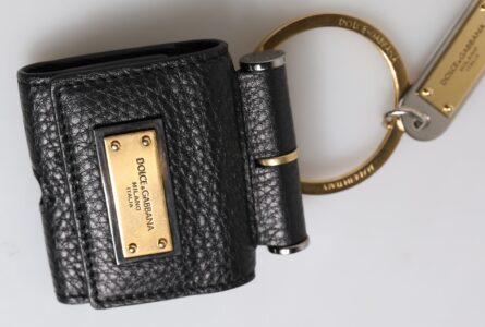 Black Leather Strap Gold Metal Logo Plaque Airpods Case - Image 10