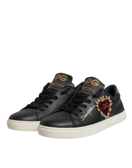 Black Leather Gold Red Heart Sneakers Shoes - Image 3