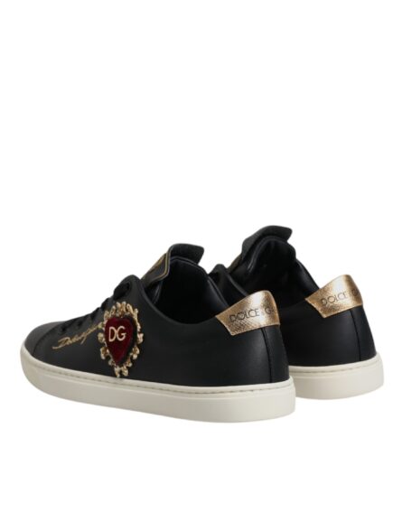 Black Leather Gold Red Heart Sneakers Shoes - Image 4