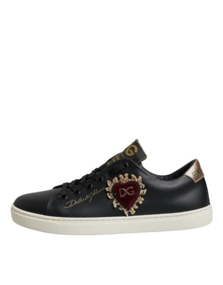 Black Leather Gold Red Heart Sneakers Shoes - Image 5