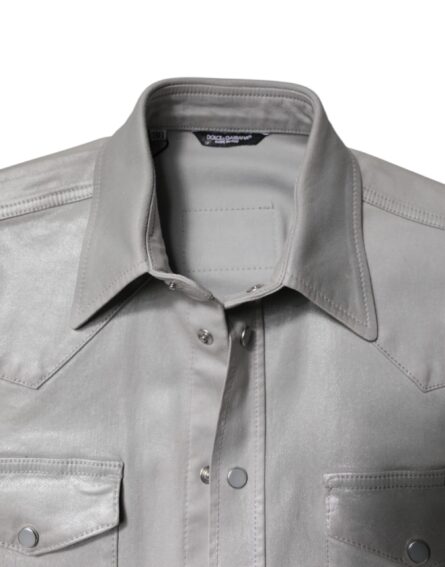 Metallic Gray Cotton Button Down Shirt - Image 7