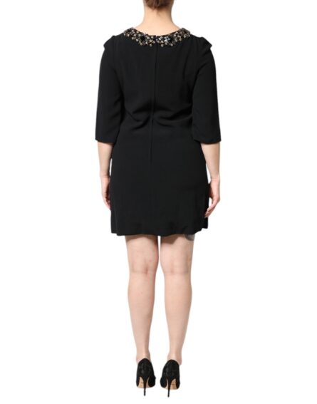 Black Crystal Embellished Round Neck Mini Dress - Image 4