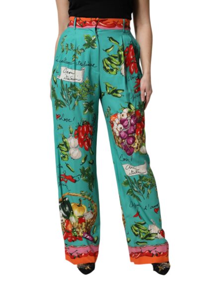 Green Silk Printed Straight Pants - Image 2